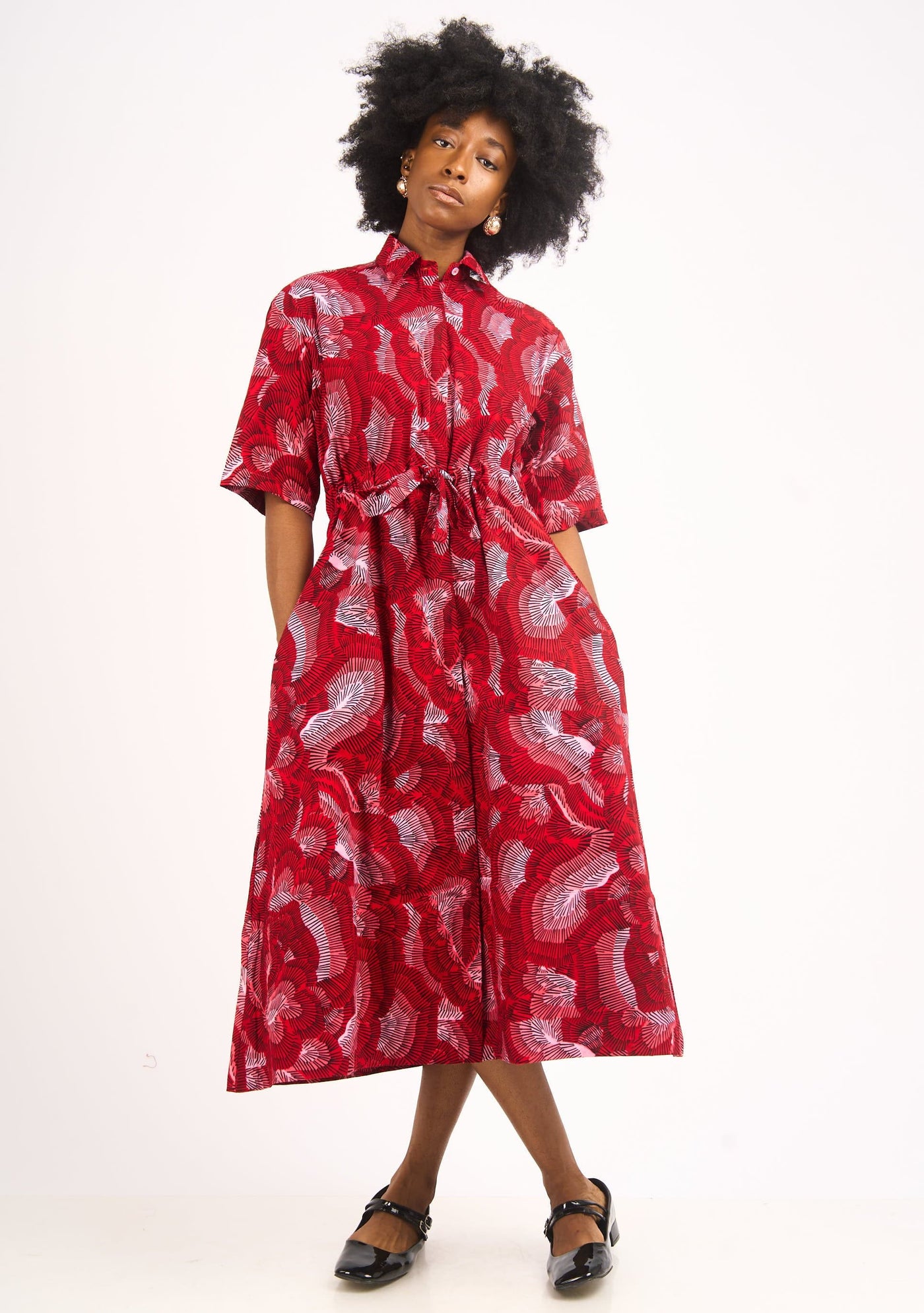 YEVU Women - Dress Drawstring Midi Dress - Red Feathers