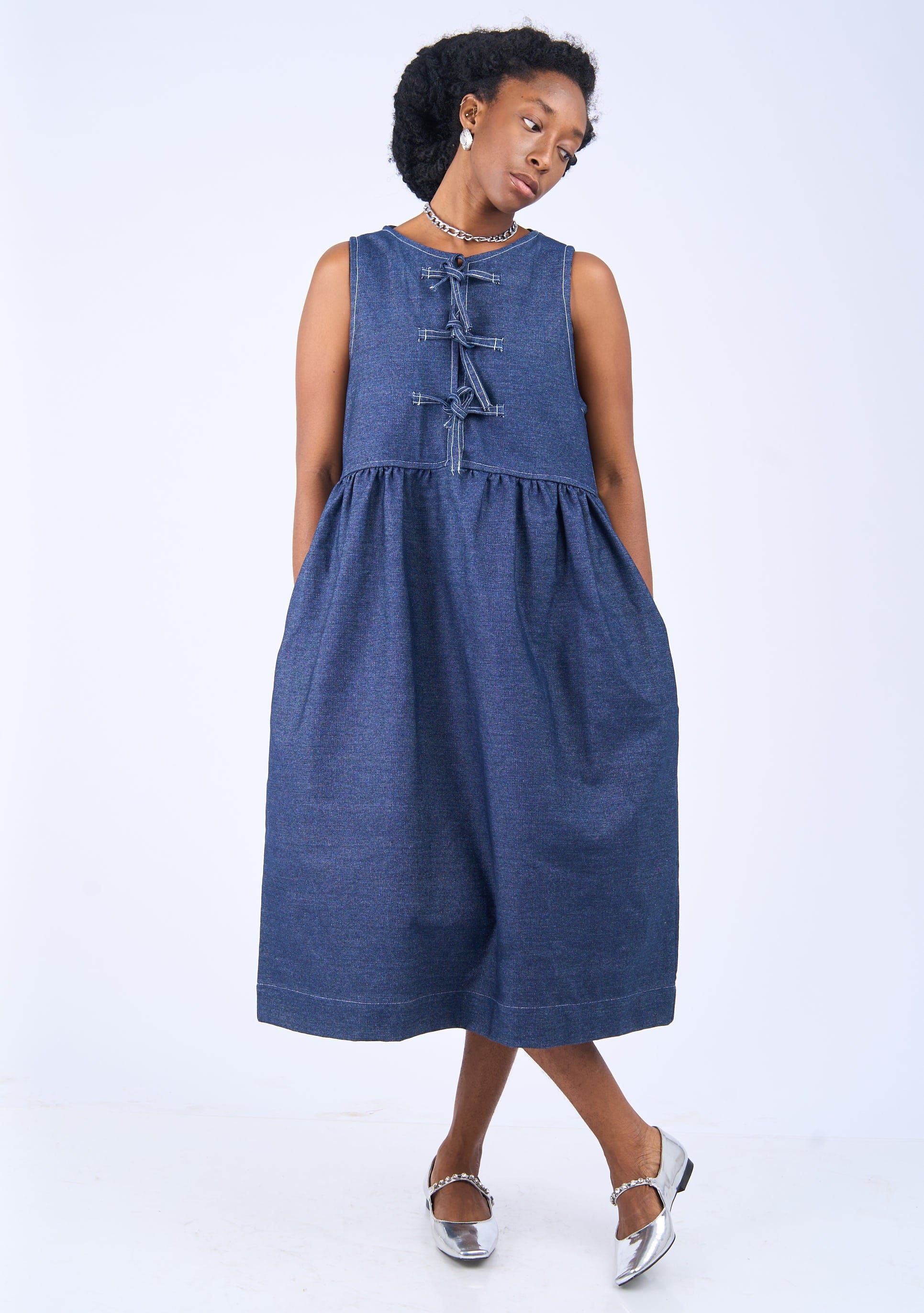 Tie Top Midi Dress Denim YEVU