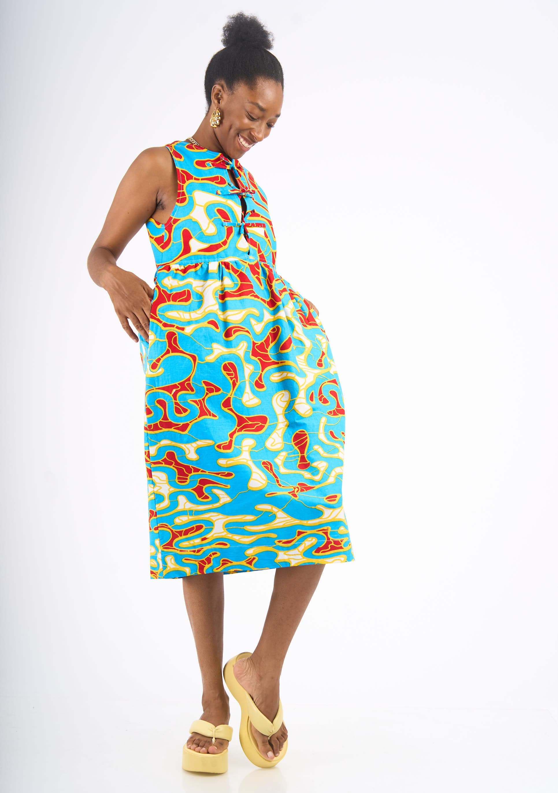 YEVU Women - Dress Tie Top Midi Dress - Maps New Wave