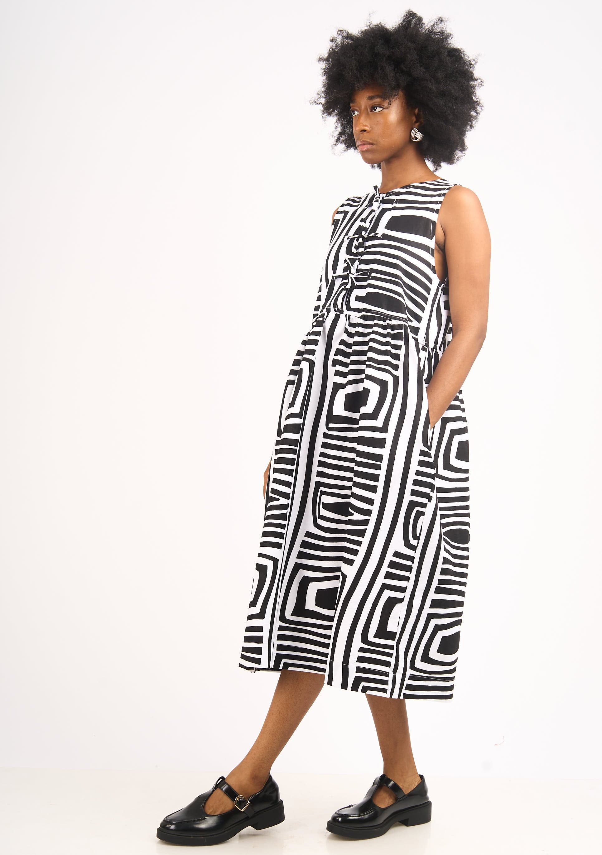 YEVU Women - Dress Tie Top Midi Dress - Monochrome