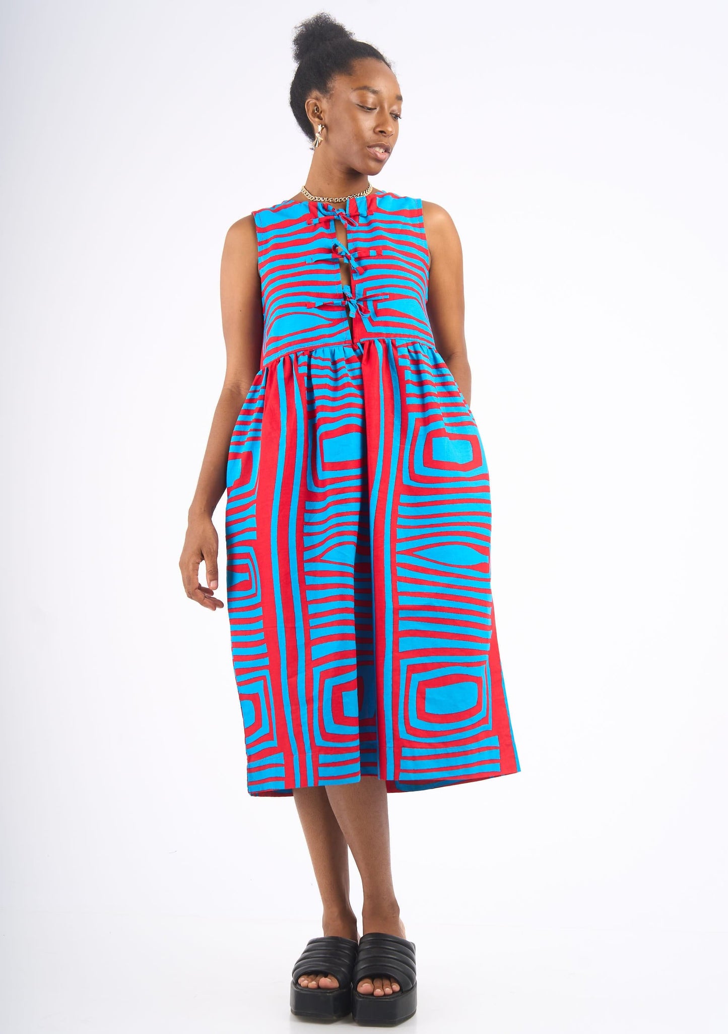 YEVU Women - Dress Tie Top Midi Dress - Monochrome New Wave