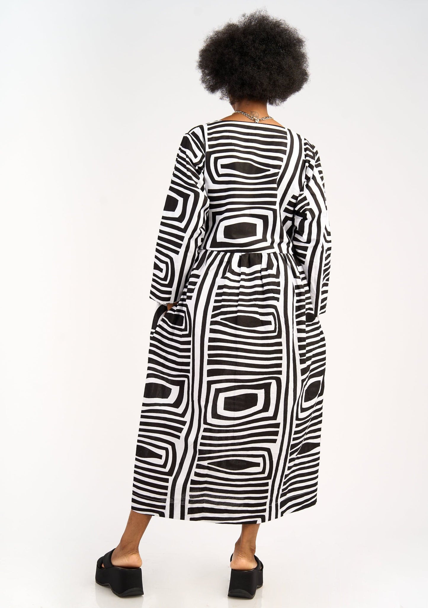 YEVU Women - Dress V Neck Maxi Smock Dress - Monochrome