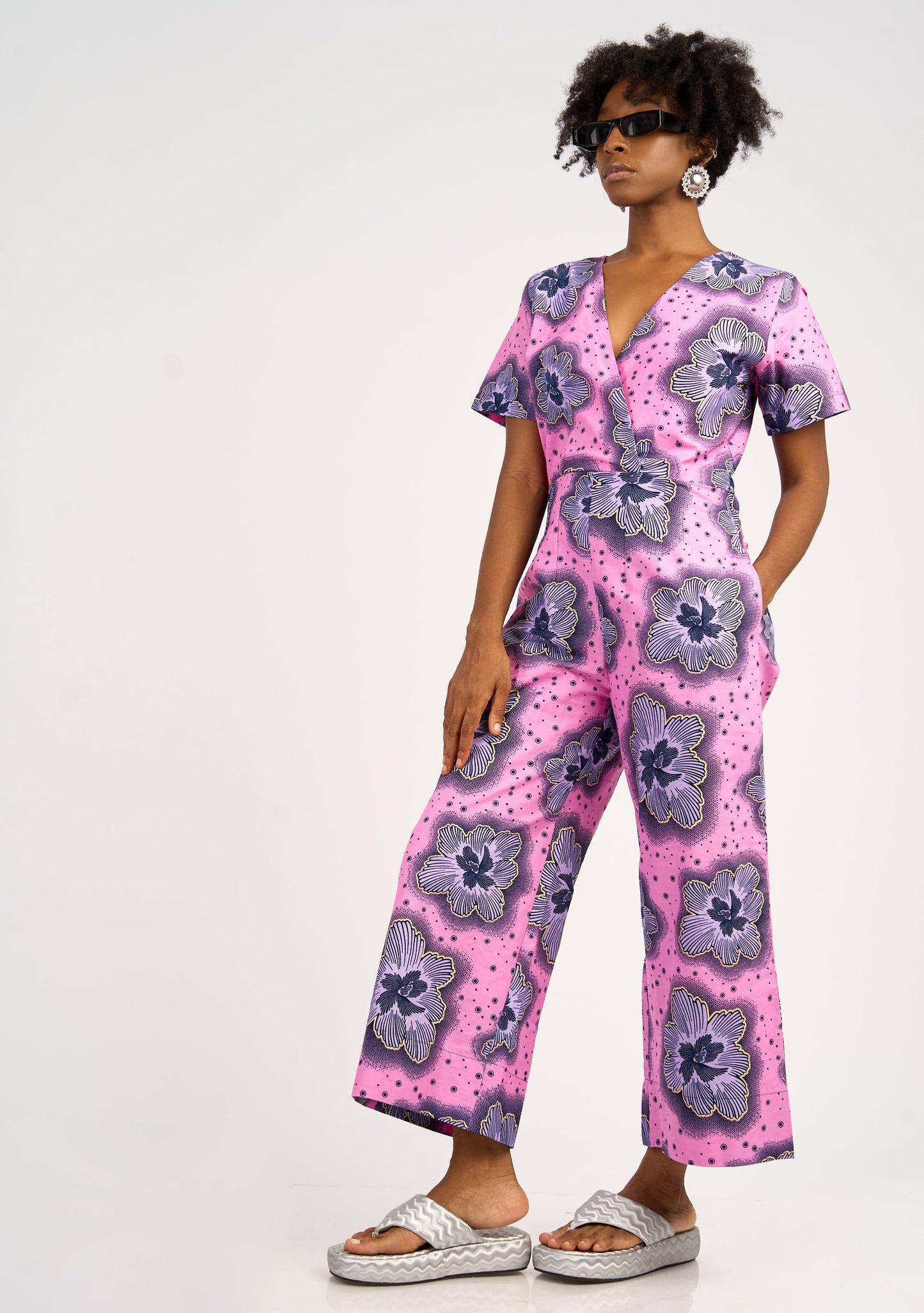 YEVU Women - One Piece Wrap Body Jumpsuit - Purple Flowers