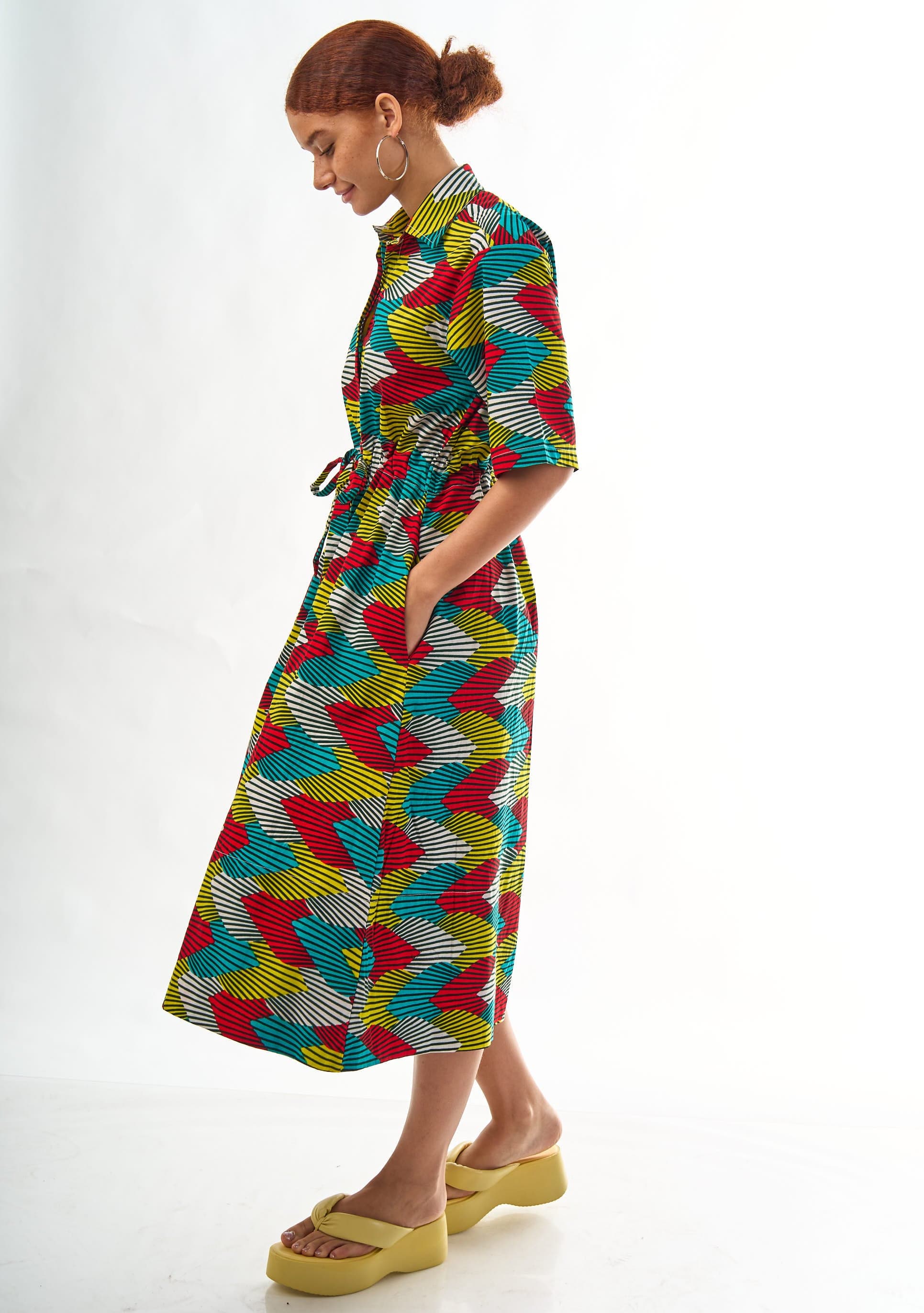 YEVU Women - Dress Drawstring Midi Dress - Palms