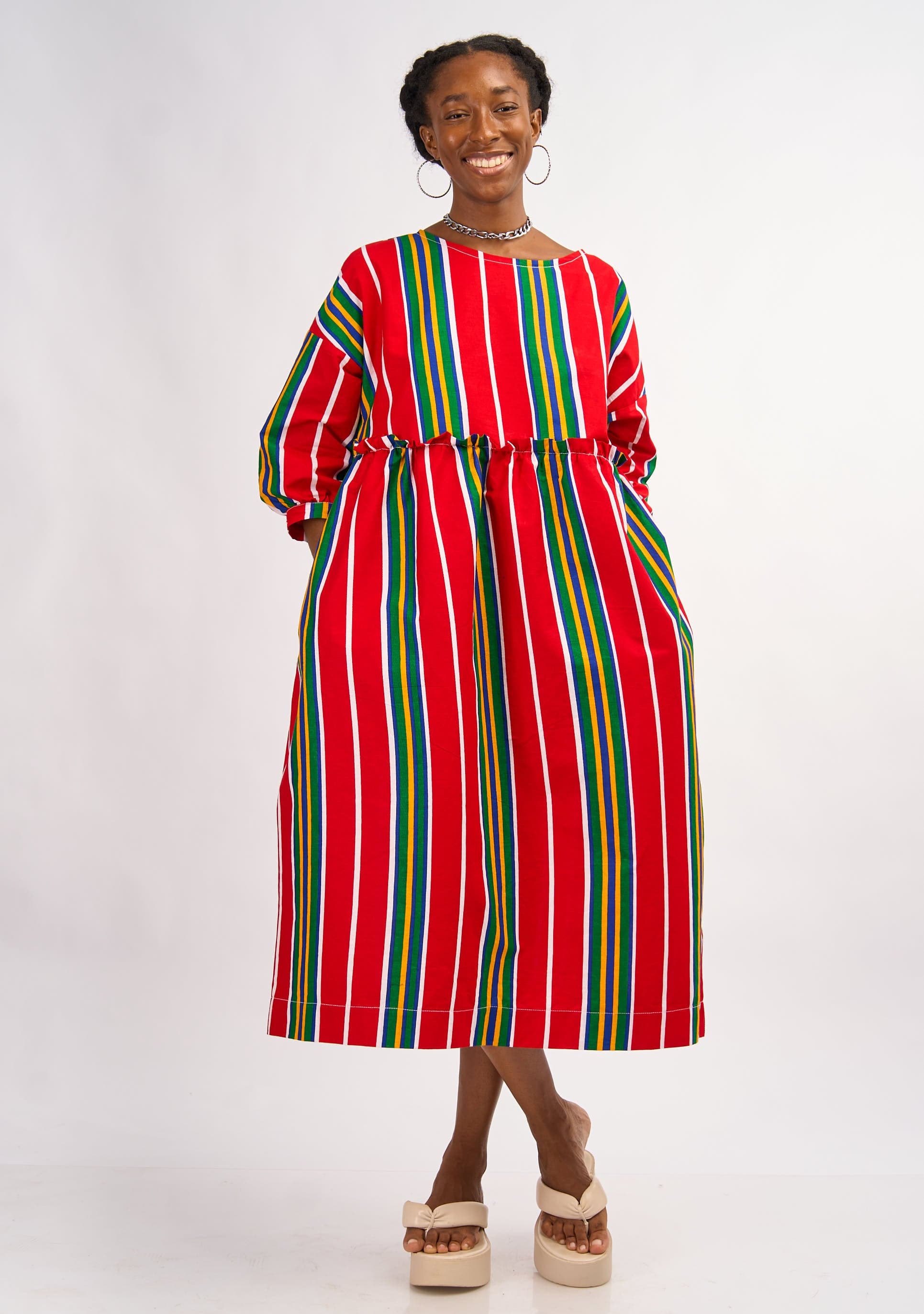 YEVU Women - Dress Midi Smock Dress - Red Lines