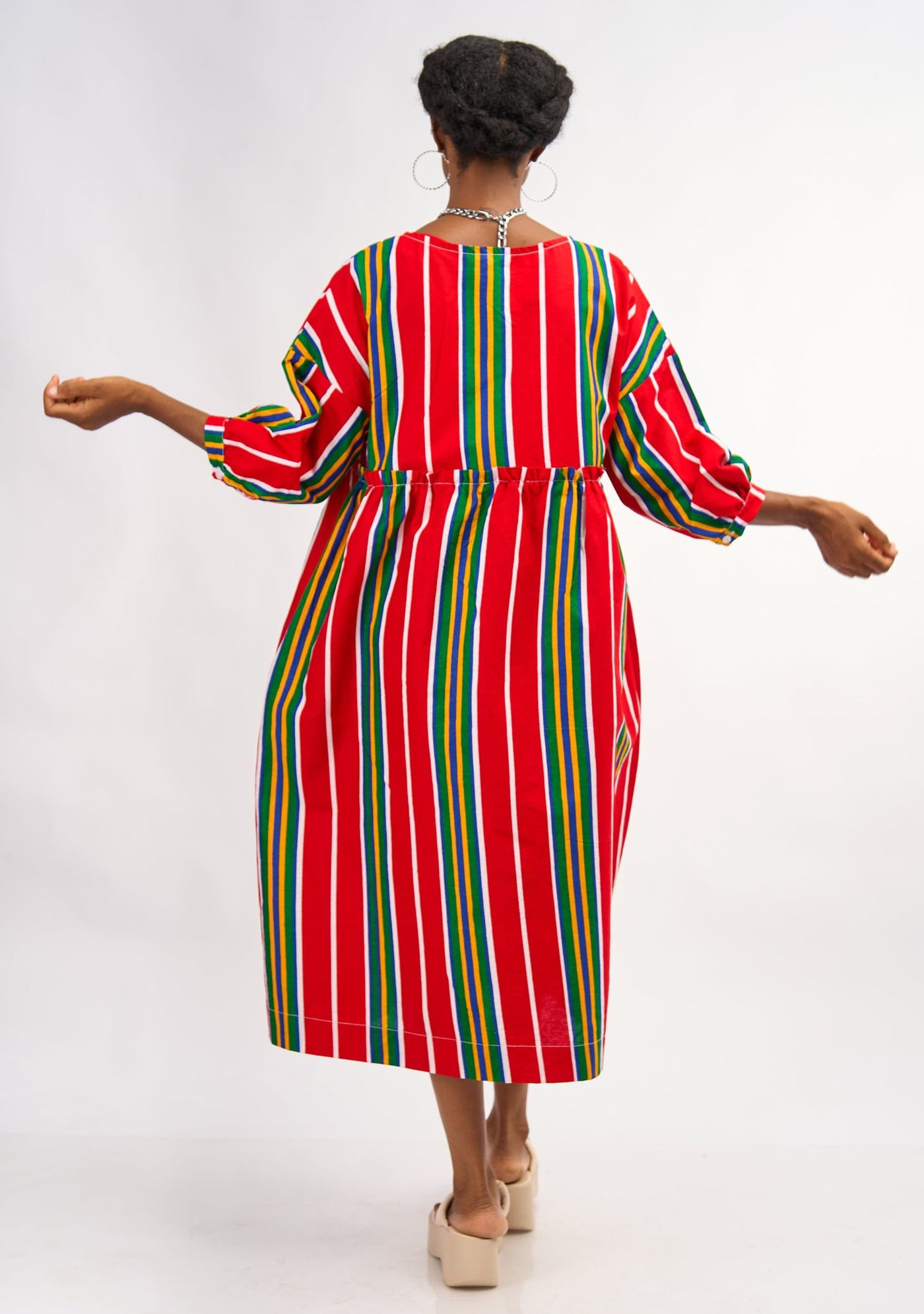 YEVU Women - Dress Midi Smock Dress - Red Lines
