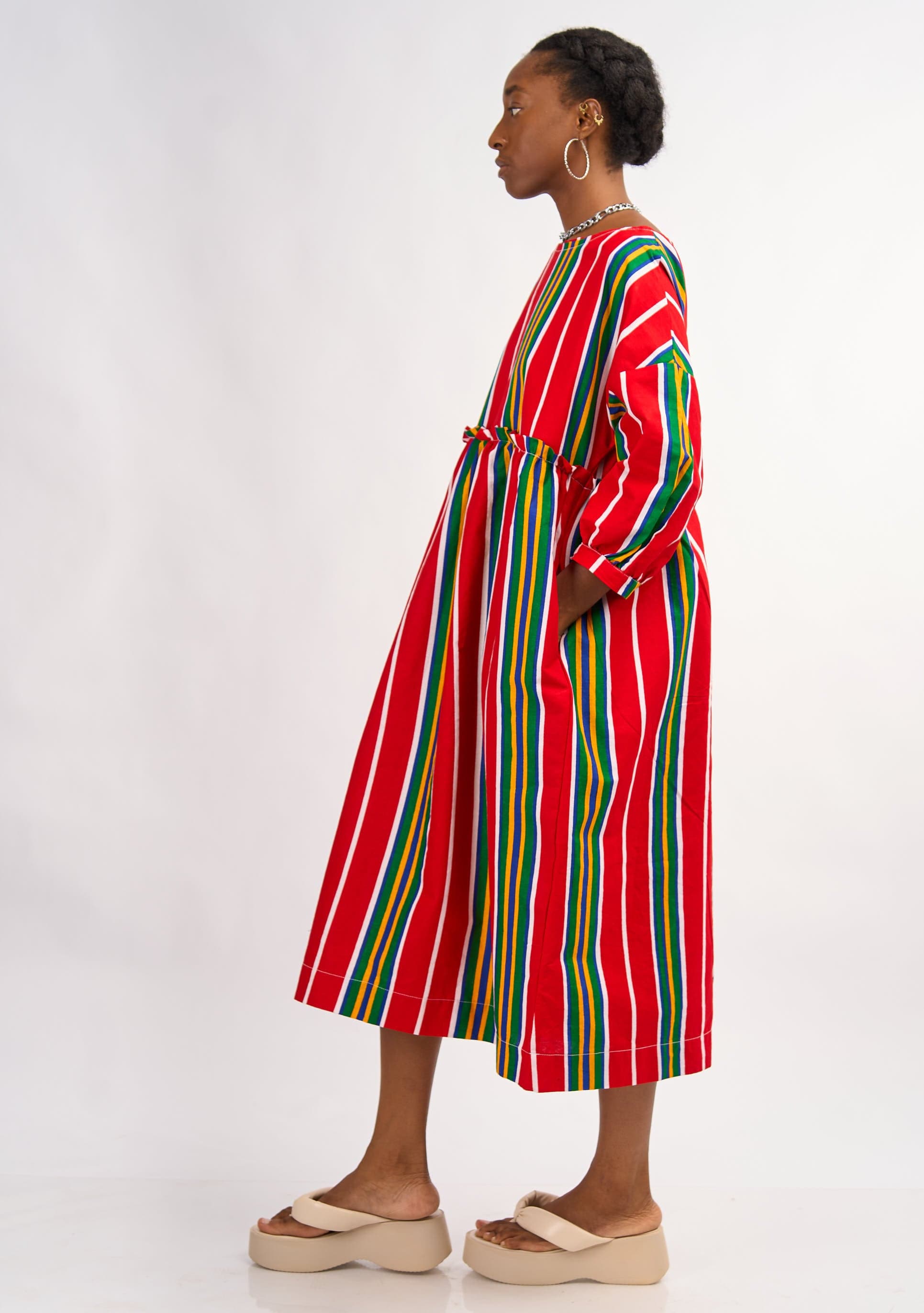 YEVU Women - Dress Midi Smock Dress - Red Lines