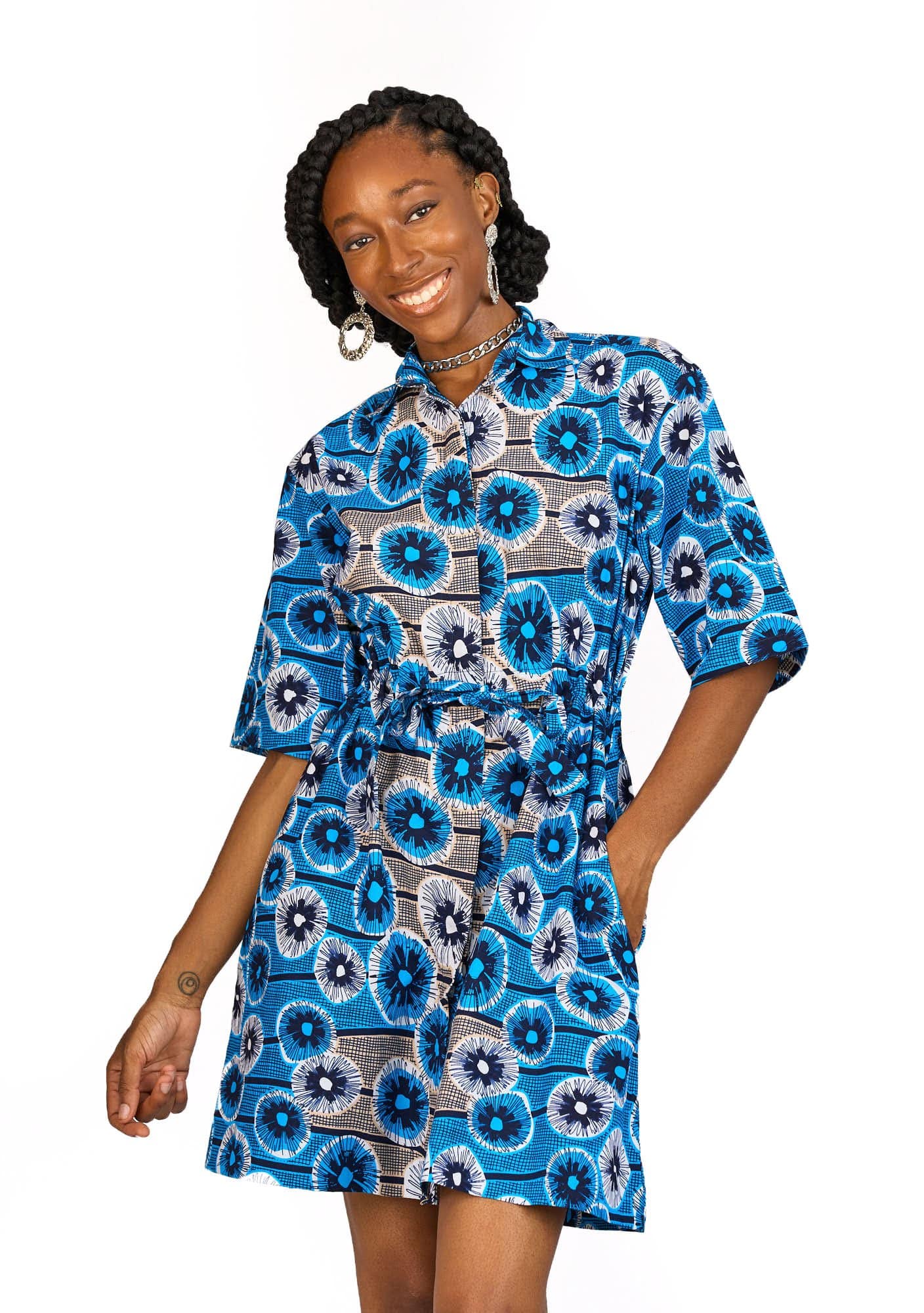 YEVU VIP Women - Dress Half Drawstring Dress - Blue Poppies